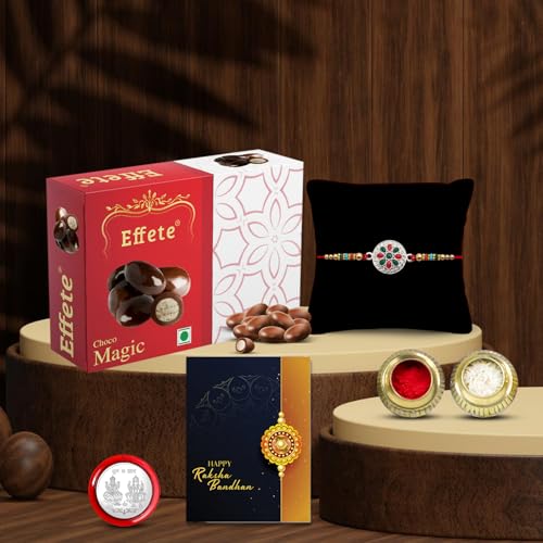 Image of DeoDap Rakhi Set for Brother with Beaded Silver Rakhi, Choco Magic Chocolate & Pooja Coin - Raksha Bandhan Festival Gift
