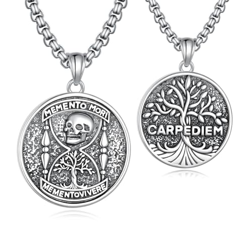 Memento Mori Necklace 925 Sterling Silver Tree of Life Memento Mori Necklace Skull Jewelry Gifts for Men
