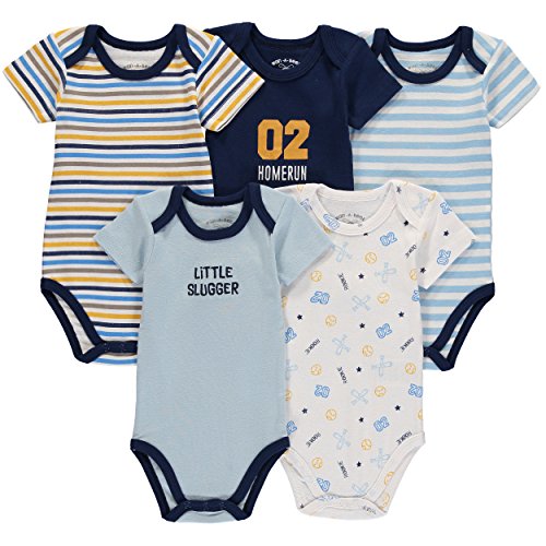 Wan-A-Beez 5 Pack Baby Girls' and Boys' Newborn and Infant Cotton Short Sleeve Bodysuits (3-6 Months, Sports)