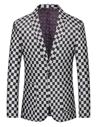 Men's Black and White Checkerboard Blazer One Button Suit Coat Notch Lapel Jacket - Main Image