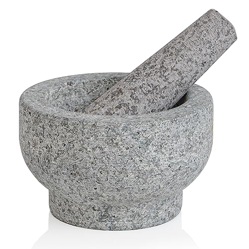 Maxam Grey Mortar and Pestle Set - 5 Inch - 1 Cup Capacity - Heavy Granite for Grinding Spices, Herbs and Avocado Masher for Guacamole and Pesto