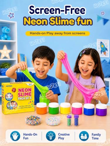 Image of HOTKEI (6 Neon Slime kit) DIY Neon Colored Fruit Scented Slimy Slime Gel Jelly Set Kit Air Dry Magical Crystal Clay Putty Toy for Girls Boys Kids with Glitter| Stars | Color Beads Set