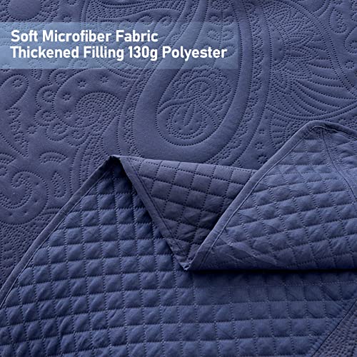 Image of Qucover Oversized King Bedspreads, 3 Piece Soft Microfiber Lightweight Oversized King Quilt 128x120, Elegant Paisley Ultrasonic California King Bedspread Bedding Coverlets, Navy Blue