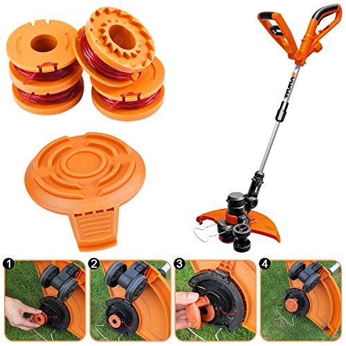 EAONE 10 Pack Replacement Trimmer Edger Spool Line with Trimmer Cap Cover, 10ft 0.065\" Single Line Grass Trimmer Auto-Feed Spool Weed Wacker Eater String for Worx WG150-WG157 WG160 WG163 WG180 etc.