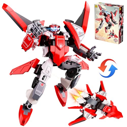 Ubrixmen 2 in 1 Transforming Mech Robot Building Sets, Mecha Robot City Toy Converts to Fighter Jet, for Adults Kids Boys Ages 6+(Red)