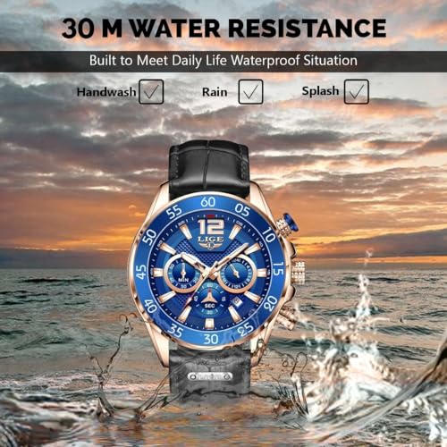 Image of LIGE Men's Watch Chronograph Genuine Brown Leather Strap Rose Gold Case with Date, Luminous Hand Analog Watches for Men | Gift for Men