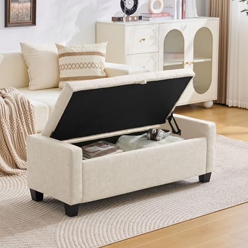Image of Huatean Home 43 inch Ottoman with Storage, Storage Ottoman Bench with Safety Hinge, Upholstered Entryway Bench with Seating for Bedroom, Living Room, Holds up to 330 lb, Beige