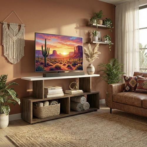 Image of Horizon Low-Profile TV Entertainment Unit with Open Storage Shelves, Modern Console Table for Living Room up to 43 Inch TV, 101x40x41cm (Classic Oak & White)