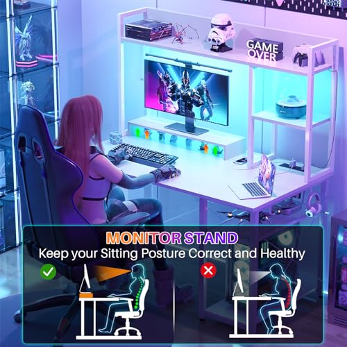 Image of Cyclysio Gaming Desk with Hutch, 39'' Computer Desk with LED Lights & Power Outlets, Home Office Desk with Reversible 5 Tiers Storage Shelves & Monitor Stand, Small Gaming Table for Small Space, White