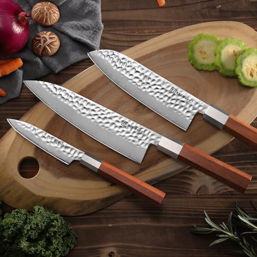 Image of KEEMAKE Kitchen Knife Set 3-pcs - Chef Knife Set with 3-layer Japanese 9CR18MOV Clad Steel Blade, Sharp Knives Set for Kitchen with Octagon Rosewood Handle Kitchen Knives