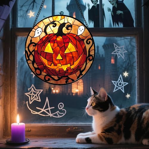 Image of Stained Glass Window Hanging - Halloween Decorations Evil Pumpkin Orange Suncatcher for Doors Garden Indoor Funny Spooky Sun Catchers Gothic Decor Horror Gifts for Women Men Friend 9.8 in