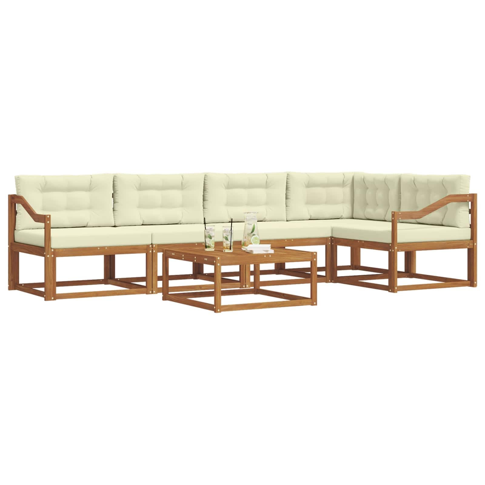 Outdoor-Sofagarnitur 6-teilig aus massivem Akazienholz mit Cremefarbenen Kissen, Tisch und Flexibler Sitzgruppe für Garten, Terrasse und Poolbereich