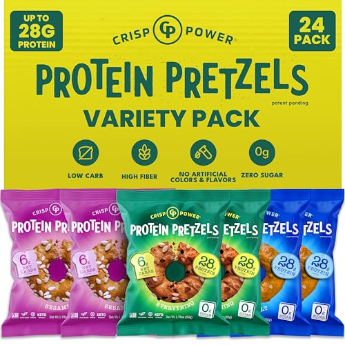 CRISP POWER Protein Pretzels, Variety Pack With Sea Salt, Sesame,