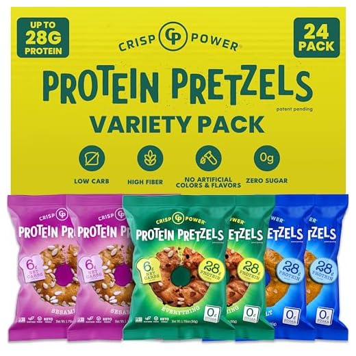 CRISP POWER Protein Pretzels, Variety Pack With Sea Salt, Sesame, & Everything, Up To 28G Protein, High Protein Snack, High Fiber, Low Carb Crunchy Pretzel Snacks, No Added Sugar, 1.75 oz Bags, 24 Pack, Vegan, Keto
