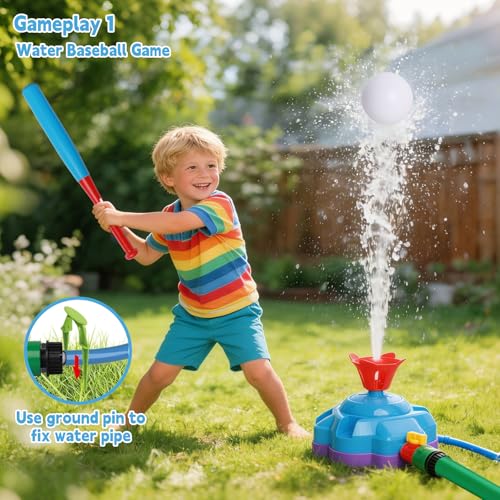 4-in-1 Water Sprinkler for Kids, Water Sprinkler Baseball Toy, Rocket Sprinklers, Rocket Launch Game, 360°Rotating Sprinklers Outdoor Summer Toys for Boys Girls - image 2