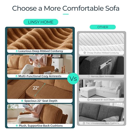 Image of LINSY HOME Loveseat Sofa with Pull Out Couch Chaise: 2-in-1 Convertible 2 Seater Sofa with USB Charging & Cup Holders, Comfy Plush Corduroy Love Seat for Small Spaces Living Room Apartment, Brown