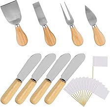 Wood Handle Cheese Knives Spreaders Set with Blank Toothpick Flags, DaKuan 10 Pieces Cheese Slicer Cheese Cutter Condiment Knives Set and 100 Pieces White Flags Labeling Cheese Markers