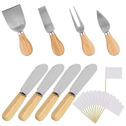 Wood Handle Cheese Knives Spreaders Set with Blank Toothpick Flags, DaKuan 10 Pieces Cheese Slicer Cheese Cutter Condiment Knives Set and 100 Pieces White Flags Labeling Cheese Markers