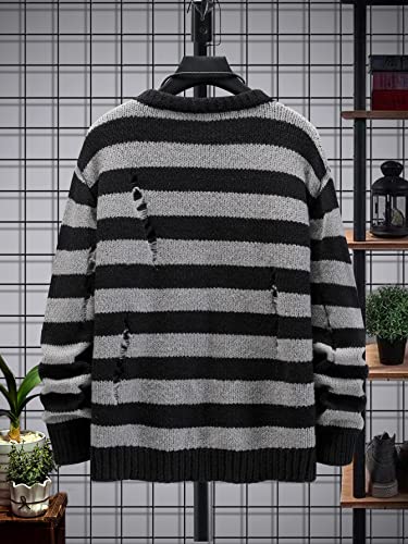 SHENHE Men's Striped Pattern Knit Pullover Ripped Drop Shoulder Sweater2