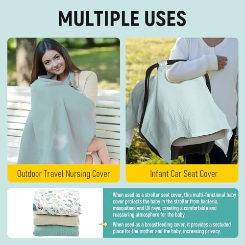 Image of 3 Pcs Car Seat Cover Baby Boy Girl Set, Adjustable Double Buckle Carseat Canopy, Plus Size Designed Muslin Carseat Cover, Versatile Full Coverage Nursing Canopy Includes 3 Colors