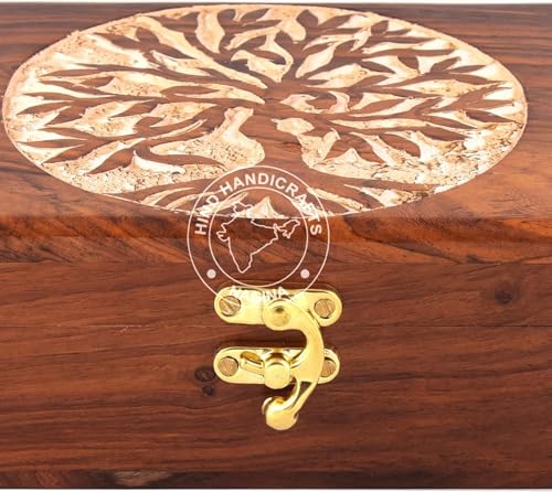 Image of Rosewood Handmade Wooden Urn Tree of Life Engraving Handcarved Jewellery Box for Women-Men Jewel | Home Decor Accents | Decorative Boxes | Storage & Organiser (7 inch x 5.5 inch x 3.5 inch, Tree - 2 White)