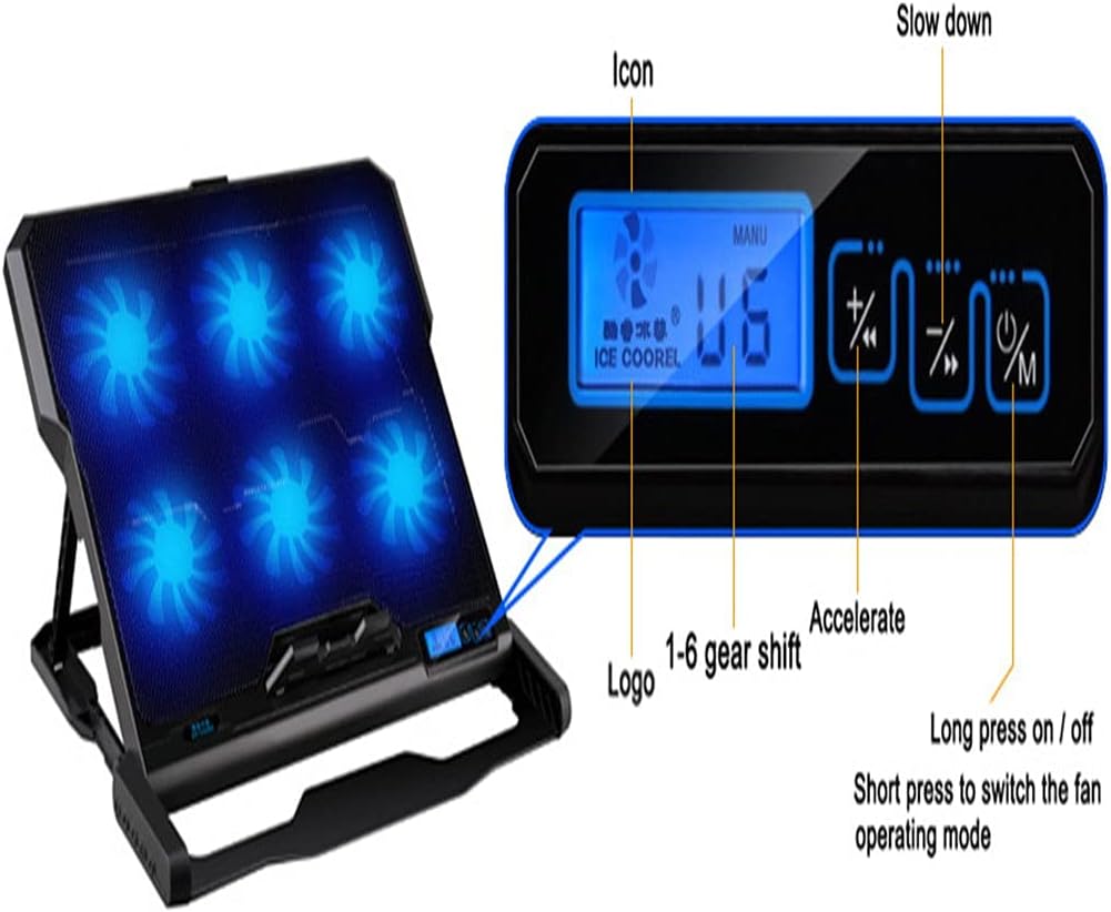 Laptop Cooling Pad 6 Fans and Cooler with Light LCD Display Notebook Stand for 12-16 Inch