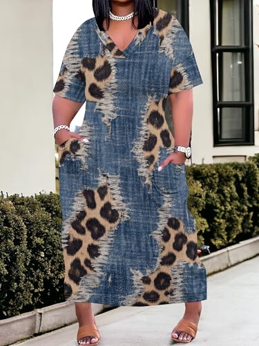 Image of SUZONANA Plus Size Denim Print Maxi Dresses for Women Casual V Neck Short Sleeve with Pockets Soft Jean Look Dress XL-6XL