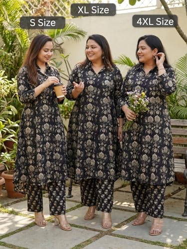 Image of Leriya Fashion Women's Cotton Printed A-Line Kurti Pant Set | Abstract Leaf & Floral Kurta with Trouser Pant | Casual Ethnic Co-ord Set for Women Stylish | Elegant Anarkali Style Tunic Kurta Set