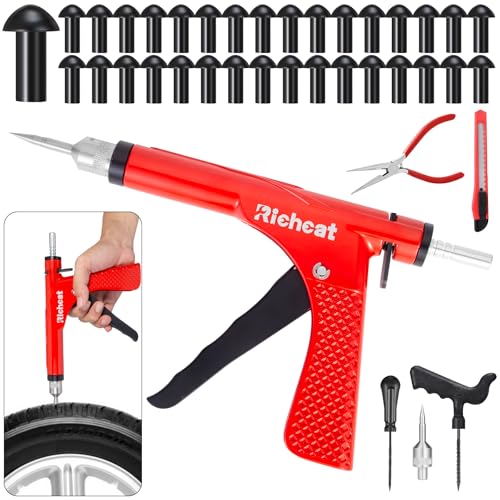 Richcat Tubeless Tire Puncture Repair Kit with Mushroom Plug, Repairs punctures and Flat Tires for Motorcycles, Cars, Trucks, ATVs,Gun Puncture Repair Kit