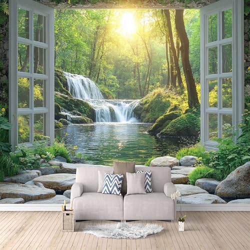 Papel Tapiz Fotográfico 3D Lago Con Cascada En El Bosque 250x175 cm Papel Pintado Panorámico, Fuera De La Ventana Murales Decoración Pared Moderna para Cuarto de Niño, Salón, Oficina