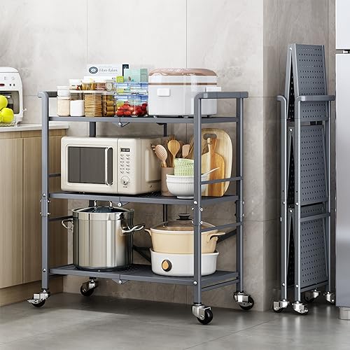 3-Tier Foldable Metal Utility Cart with Wheels for Kitchen, Office, Garage, and Outdoor Use - Gray