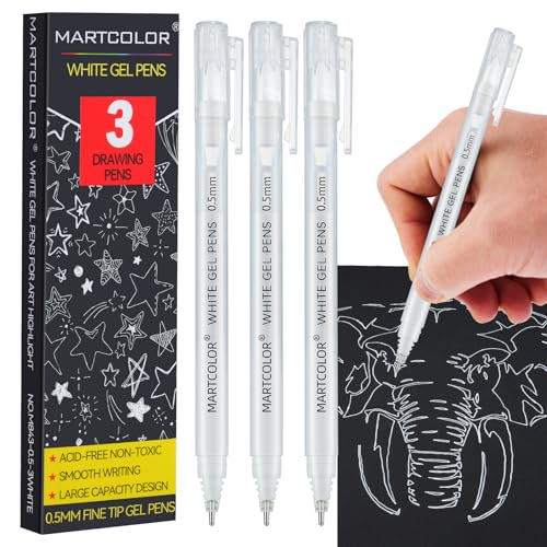 MARTCOLOR White Gel Pens, 0.5mm Extra Fine Point Opaque Archival Ink Pen for Black Paper Drawing, Art Highlight, Illustration, Bullet Journaling, Card Making & DIY Projects, 3 Pack