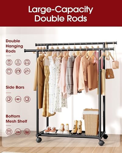 Sakugi Clothing Rack - Double Rod Coat Rack with Fixed Extension Bar, Built-In Mesh Shelf & Lockable Wheels, Multi-Purpose Clothes Rack for Bedroom, Laundry, Entryway, 98cm x 42cm x 150cm, Black - 2