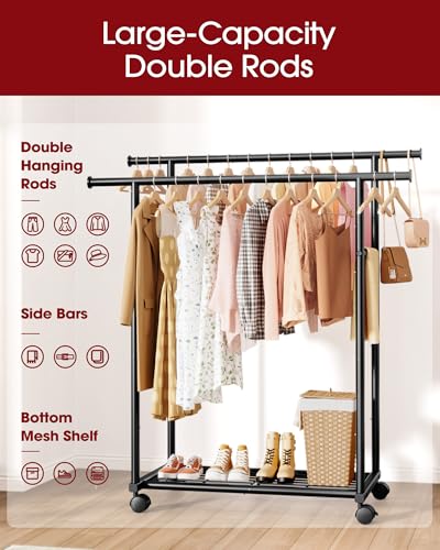 Sakugi Metal Clothes Rack - Double Rod Clothing Rack with Fixed Design and Rolling Wheels, Coat Rack with Built-In Shelf for Closet Organizers and Storage (38.5\" x 16.9\" x 59.0\", Black)