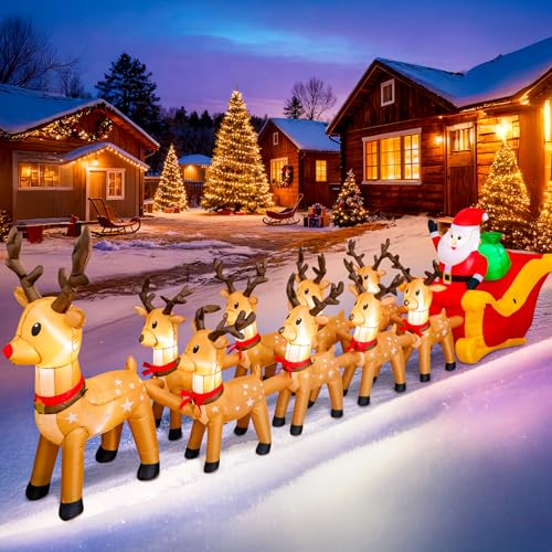 Garma 14 FT Christmas Inflatables Outdoor Decorations Santa Claus Sleigh and 9 Reindeers Inflatable Xmas Blow up Yard Decoration for Garden Lawn Home Holiday Party Decor (Christmas Santa+9 Reindeers)