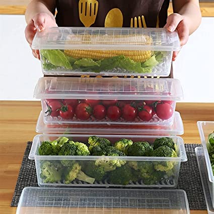 Image of Fridge Storage Boxes Fridge Organizer with Removable Drain Plate and Lid Stackable Plastic Freezer Storage Containers for Fish, Meat, Vegetables, Fruits (1500ML) (FISH CONTAINER) (4)
