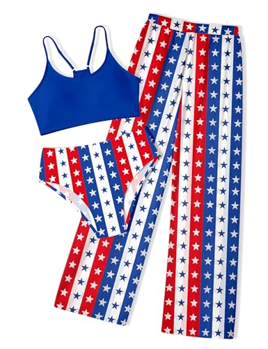 Image of NECIOUS Girls 4th of July Swimsuit 3 Piece American Flag Print Bathing Suits with Cover Up Pants Size 14-16 Girls Patriotic Swimsuit