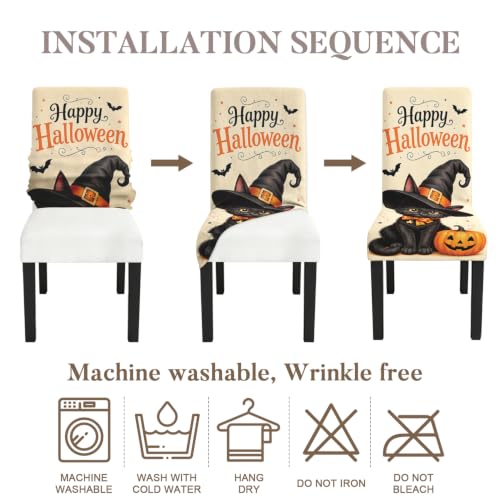 Image of Halloween Cat Dining Chair Covers Set of 4, Witch Hat Slipcovers