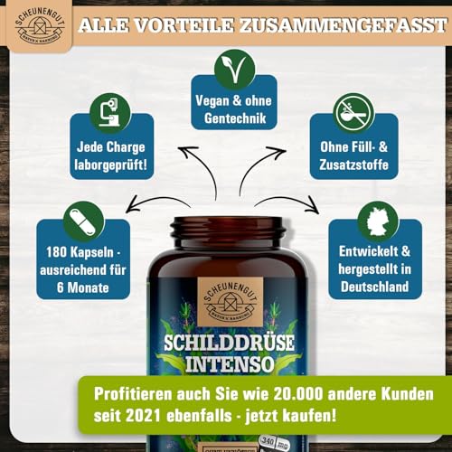 SCHILDDRÜSE INTENSO® Selen Jod Tabletten - WICHTIG: Laborgeprüfter -Umwandler Schilddrüse- Komplex mit Selen, Jod (155µg pro Kapsel) und Thymian -Hochdosiert- Vegan DE SCHEUNENGUT®