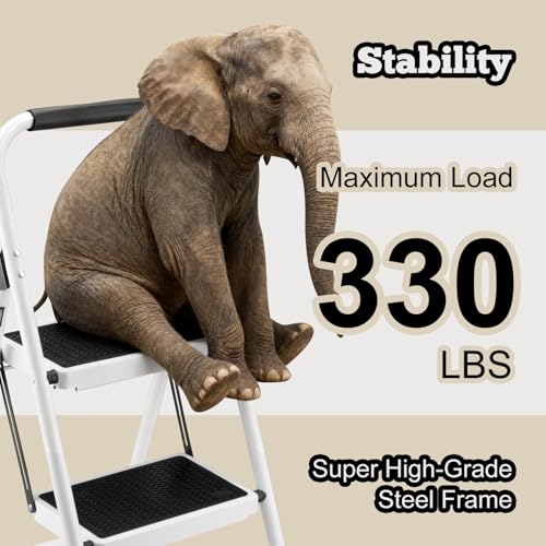 Image of 2 Step Ladder Foldable, Lightweight Step Stool Folding,Ladder for Home Use with Wide Pedal and Anti-Slip, Portable and Stability Ladders with Handrails for Adults Kitchen Household Outdoor, White
