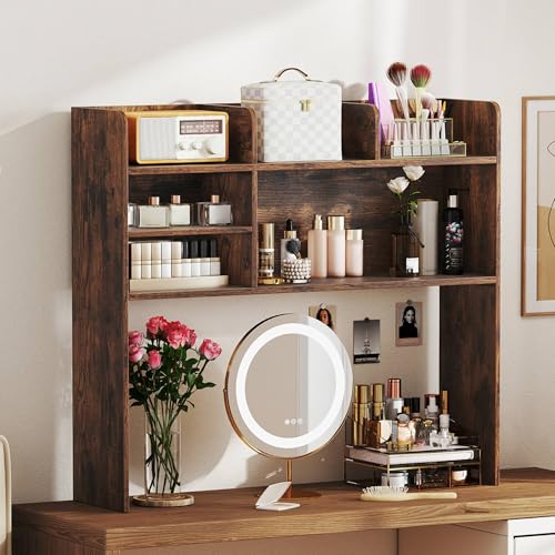 Image of Tangkula Desktop Bookshelf for Computer Up to 32 inch, 37 inch Countertop Storage Hutch with 6 Storage Shelves, 3-Tier Desktop Organizer Display Rack, Wooden Desk Hutch for Dorm Home Office (Rustic Brown)