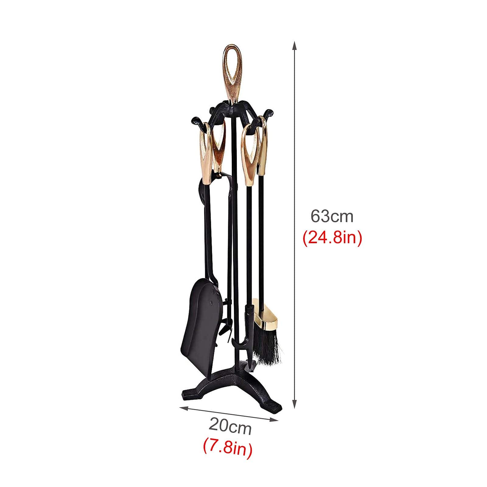 Set di 5 Attrezzi da Camino in Ferro battuto Rustico Nero con Impugnatura Dorata, Include Accessori per braciere a Soffietto e Supporto per caminetto