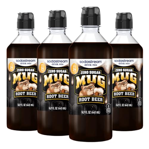Image of SodaStream MUG Root Beer Zero Sugar Drink Mix, 4 Pack Root Beer Syrup for Sparkling Water Makers, Sugar Free Soda Syrup, Control Your Fizz with Sodastream Flavors, 4 x 14.9 Fl Oz (440ml) Makes about 96 Drinks Per Pack.