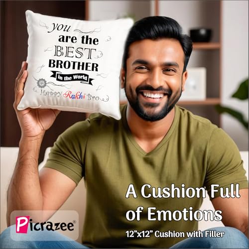 Image of PICRAZEE Raksha Bandhan Gift Set for Brother - Rakhi with Roli-Chawal Bottles Tilak Set, 12 inch Cushion with Filler, Ceramic Mug, Keyring, Fridge Magnet, Greeting Card