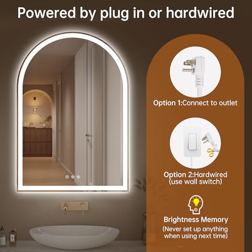 Image of Arched Bathroom Mirror with Lights 28 inchx40 inch- Frameless LED Mirror for Bathroom, Fogless, Dimmable, 3 Color Changing, Shatterproof, Touch Sensor