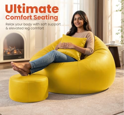 Image of Sattva Classic 4XL Bean Bag Chair with Beans Filled | Sofa Style Faux Leather Bin Bags for Adults | Pre-Filled Large Beans Bag with Footstool & Cushion Combo for Home & Office - Yellow