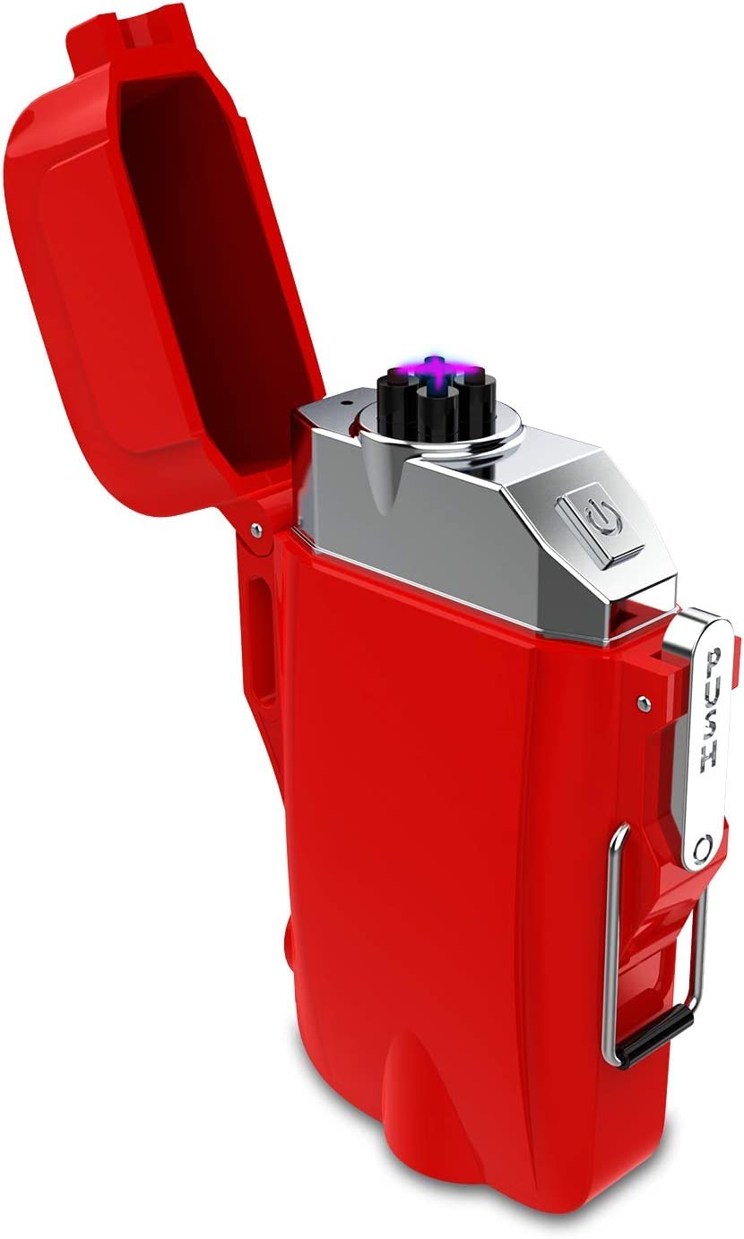 Electric Lighter USB Rechargeable Lighter with LED Flashlight Windproof Arc Lighter Waterproof Dual Arc Plasma Lighter (Red)-image-17