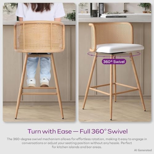 Image of 26 inch Swivel Rattan Bar Stools Set of 4, Counter Height Barstools, White | TYBOATLE, Farmhouse, Mid-Century Modern, Natural, Rattan Woven Back, Faux Leather Seat, Island, Kitchen