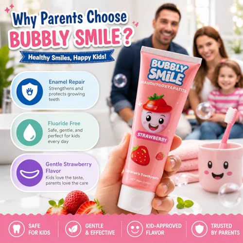 Bubbly Smile Kids Toothpaste Set - 2 Pack Nano Hydroxyapatite Toothpaste (5.3 Oz Total) + 1 Bonus Soft Toothbrush | Fluoride-Free | Glycerin Free | Strawberry Flavor, Safe to Swallow — view 3
