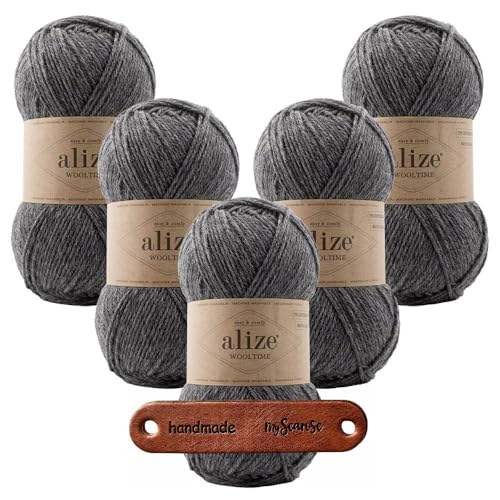 ALIZE 5 x 100g WOOLTIME 182 Medium Grey Melange Premium Wolle weiches Wollmischgarn für Socken Pullover und Winteraccessoires mit mySearose Label